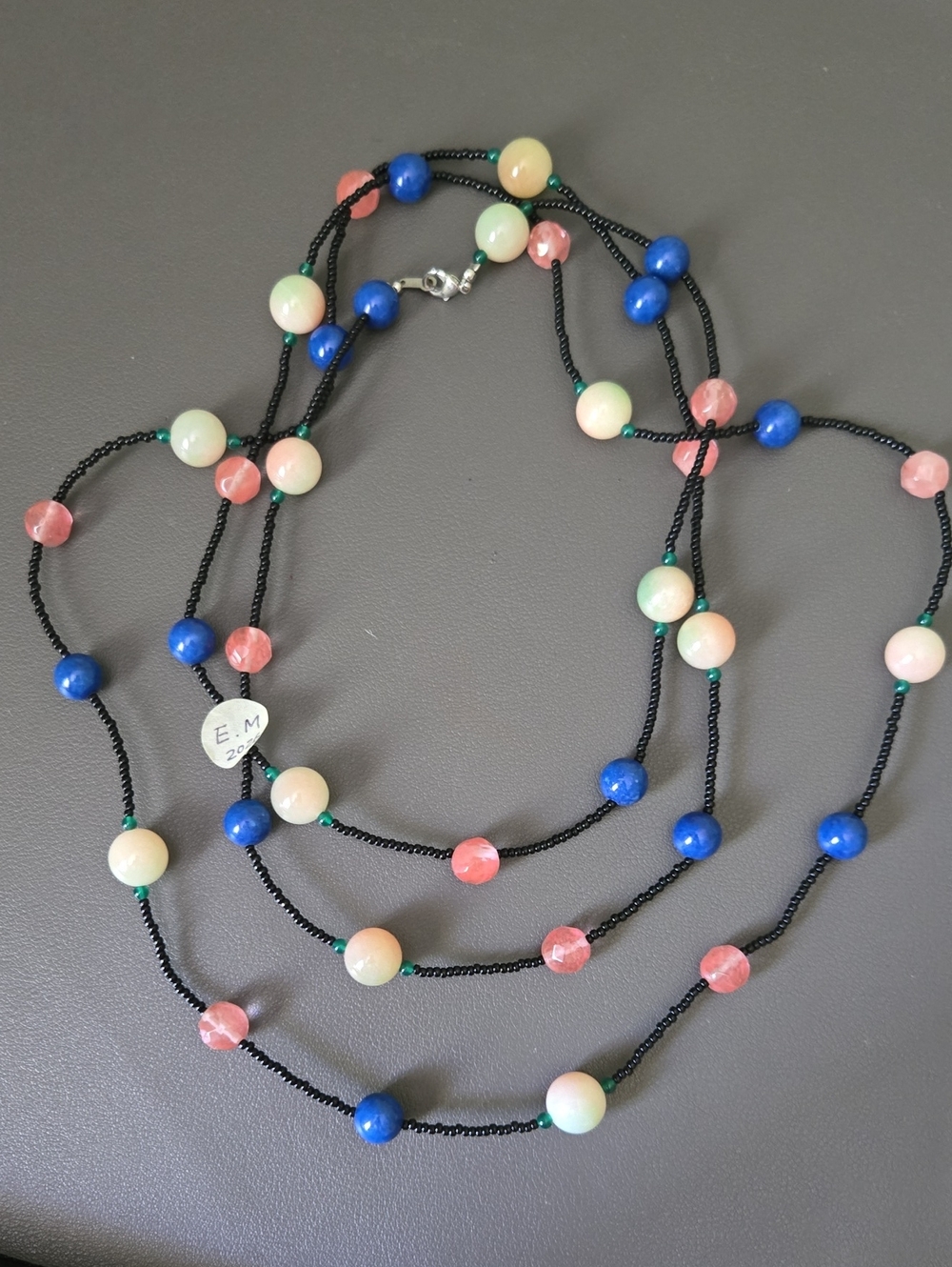 Multi-Strand Beaded Necklace in Blue, Pink & Cream Long Necklace